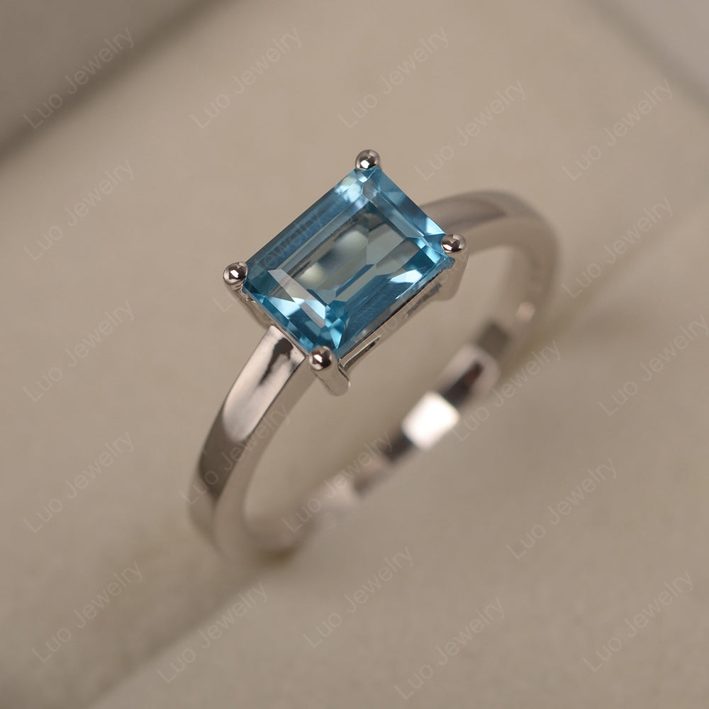 Horizontal Emerald Cut Swiss Blue Topaz Solitaire Ring - LUO Jewelry