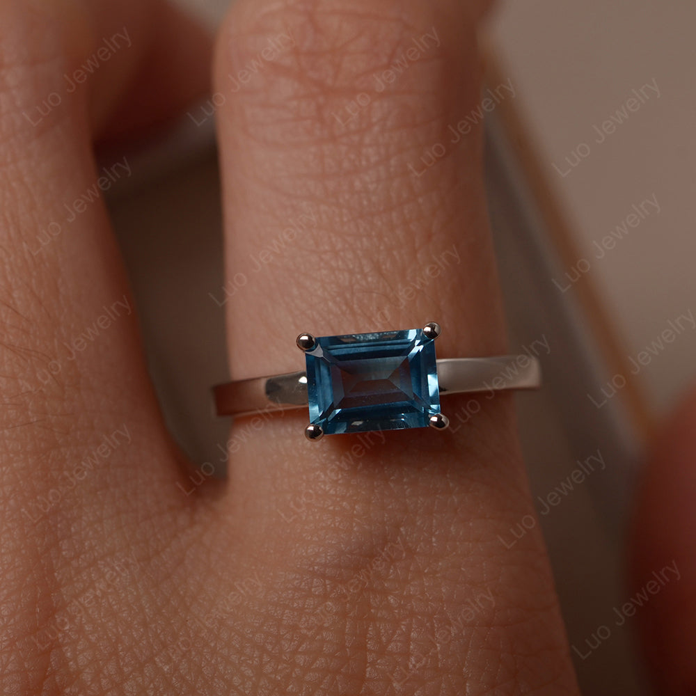 Horizontal Emerald Cut Swiss Blue Topaz Solitaire Ring - LUO Jewelry