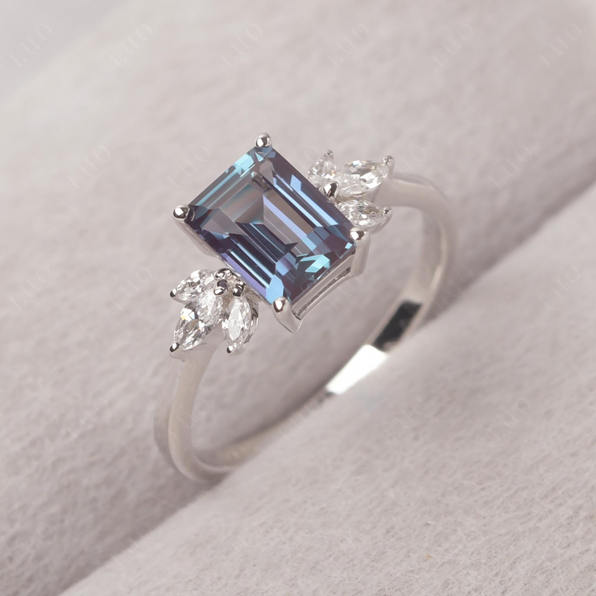 Lab Alexandrite Ring Emerald Cut Wedding Ring - LUO Jewelry