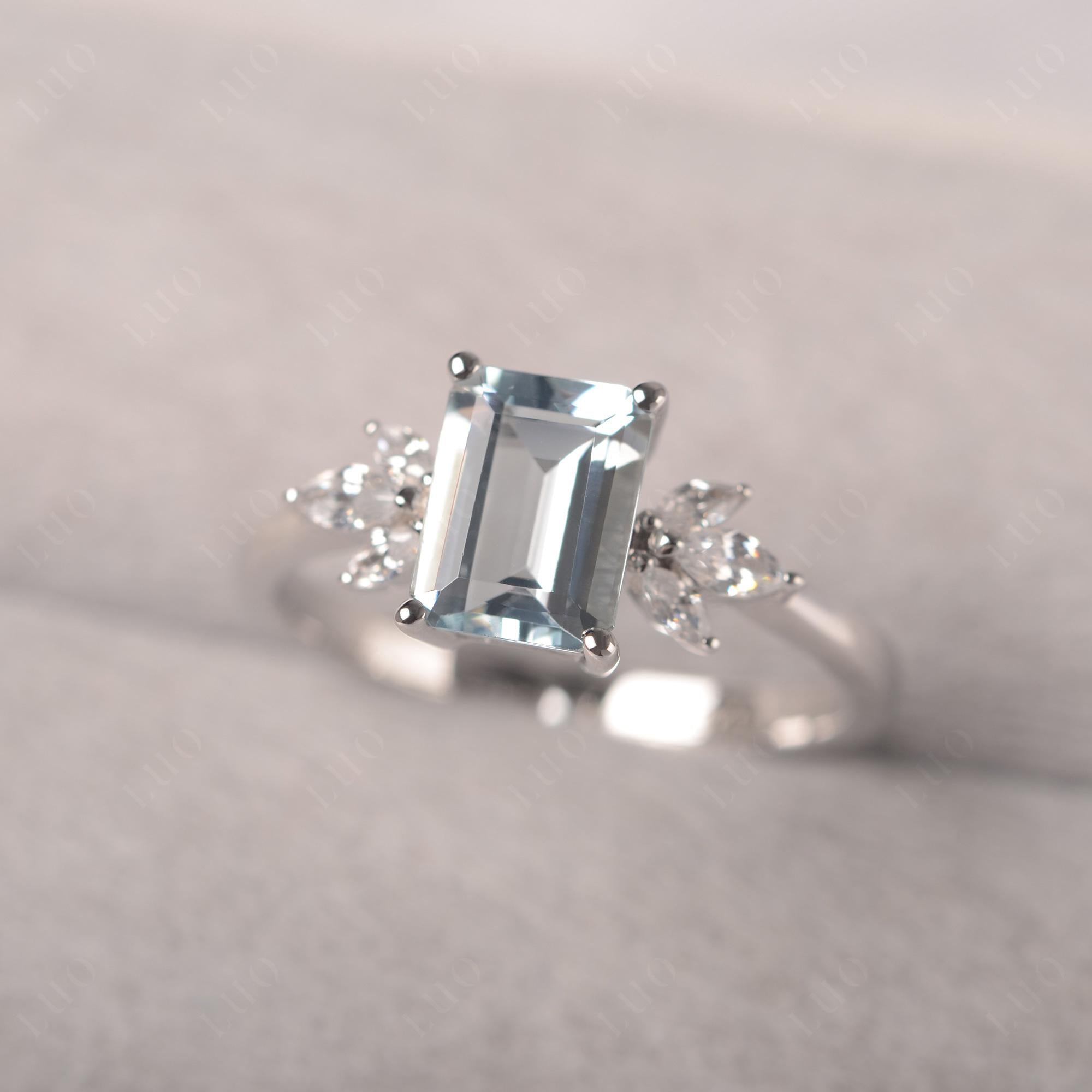 Aquamarine Ring Emerald Cut Wedding Ring - LUO Jewelry