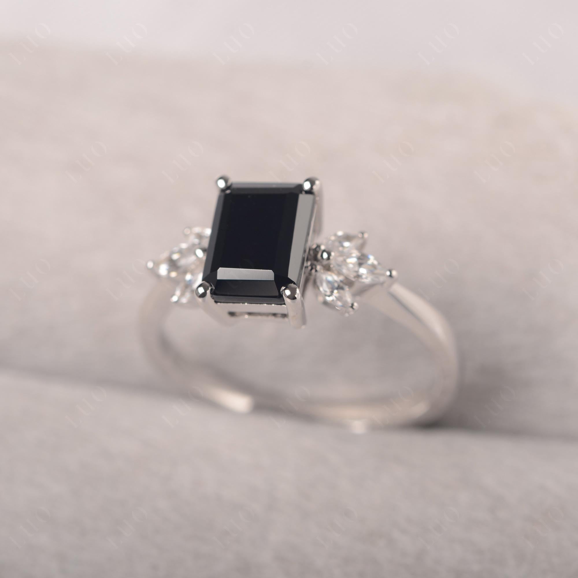 Black Spinel Ring Emerald Cut Wedding Ring - LUO Jewelry