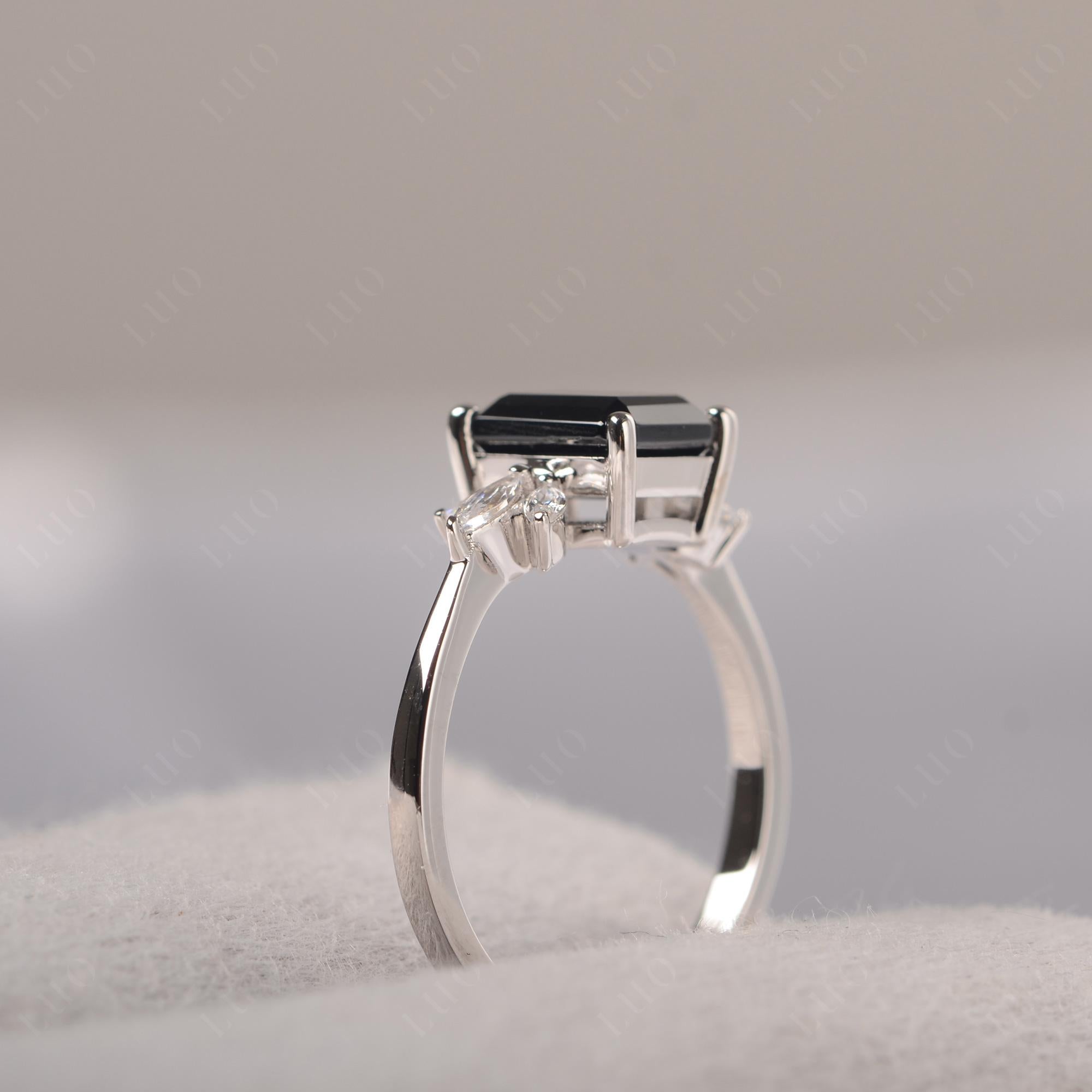 Black Spinel Ring Emerald Cut Wedding Ring - LUO Jewelry