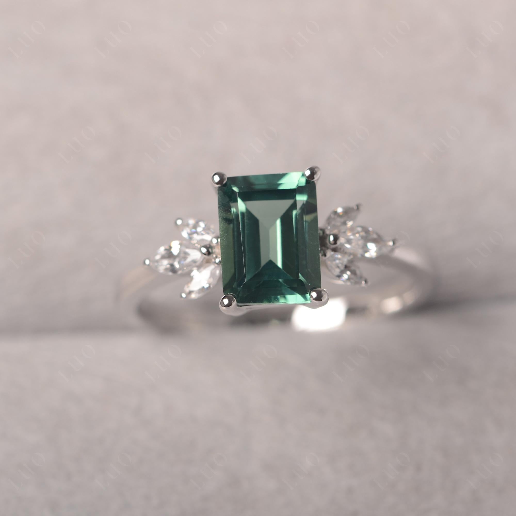 Lab Green Sapphire Ring Emerald Cut Wedding Ring - LUO Jewelry