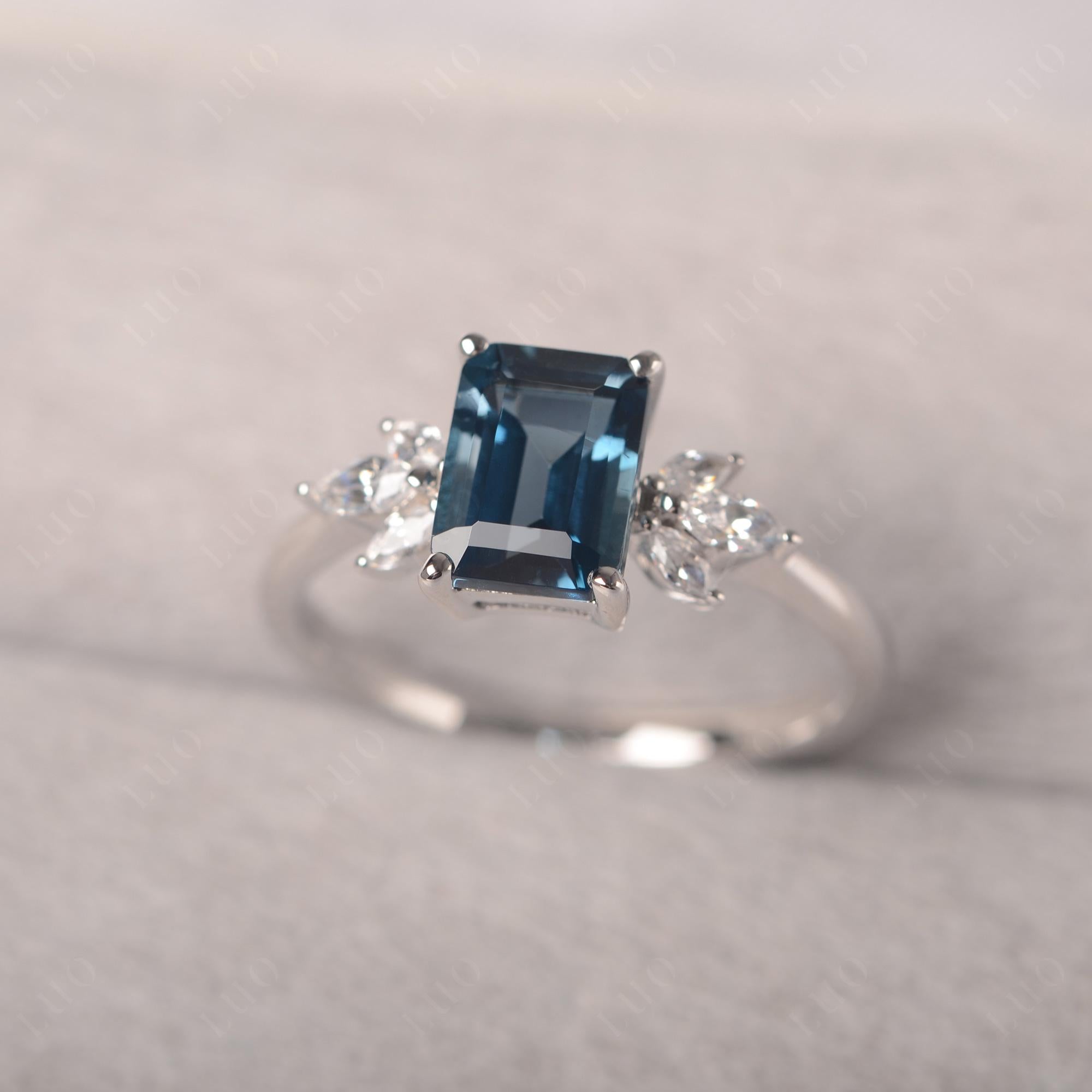 London Blue Topaz Ring Emerald Cut Wedding Ring - LUO Jewelry