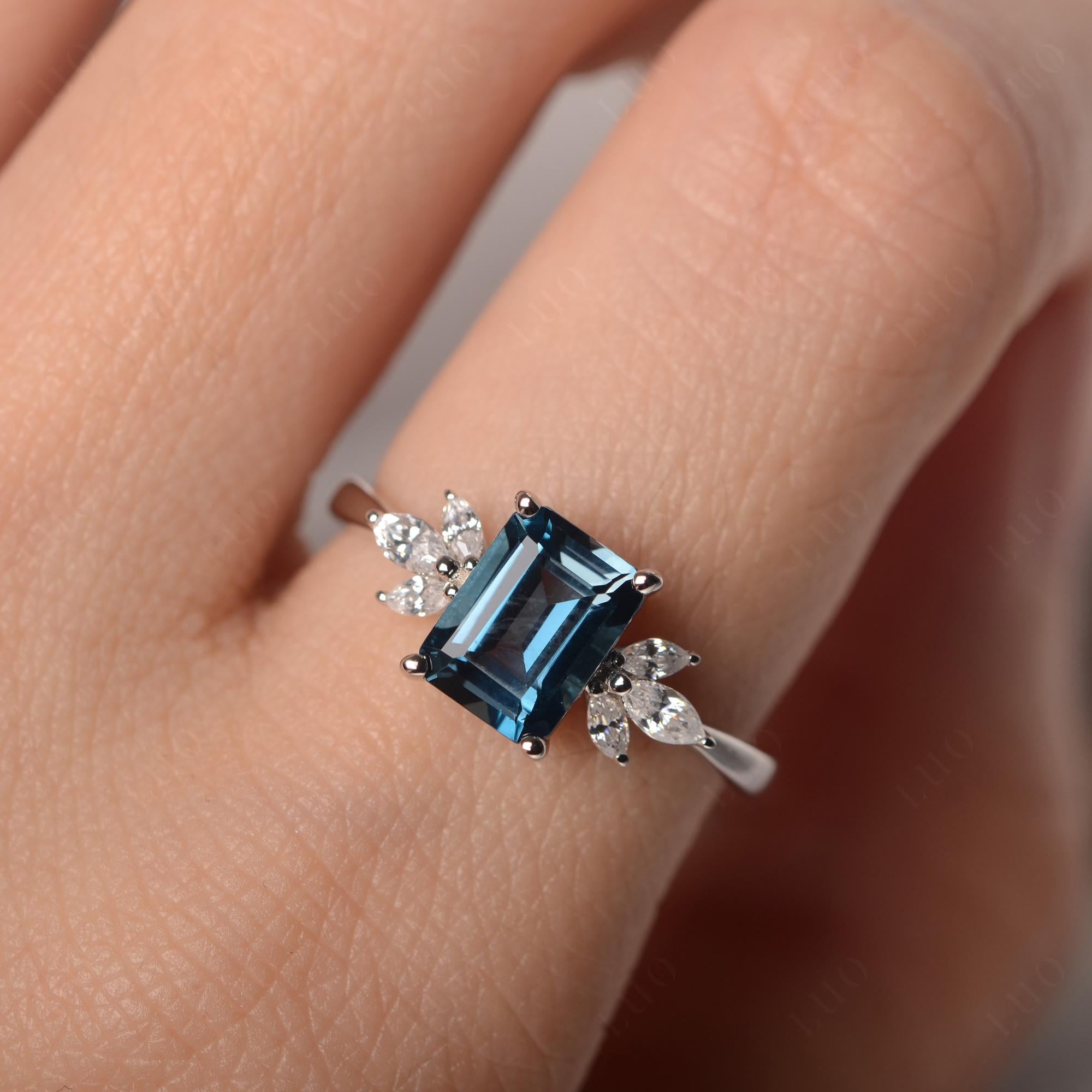 London Blue Topaz Ring Emerald Cut Wedding Ring - LUO Jewelry