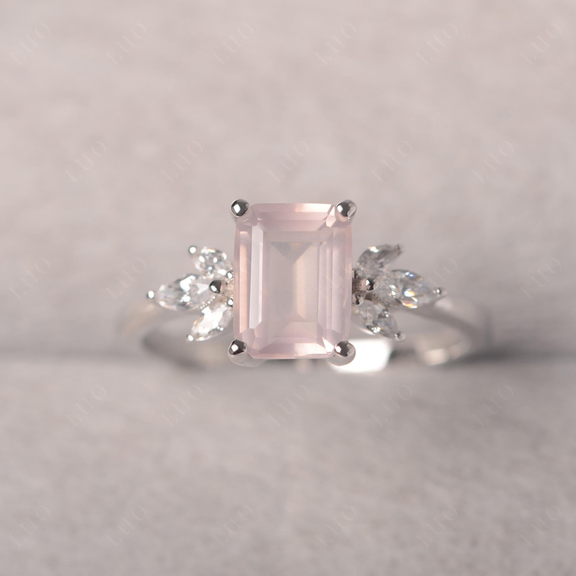 Rose Quartz Ring Emerald Cut Wedding Ring - LUO Jewelry