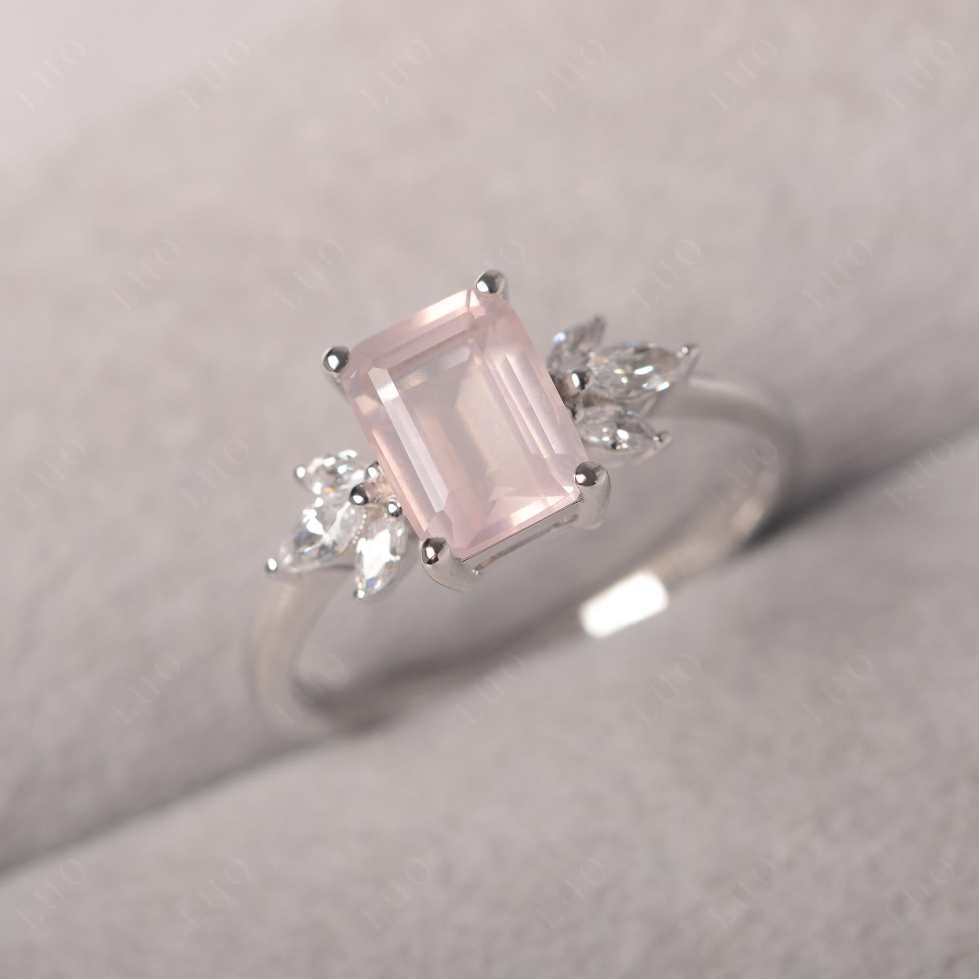 Rose Quartz Ring Emerald Cut Wedding Ring - LUO Jewelry