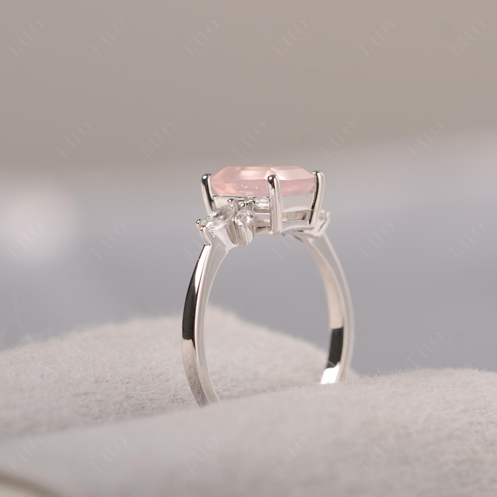 Rose Quartz Ring Emerald Cut Wedding Ring - LUO Jewelry