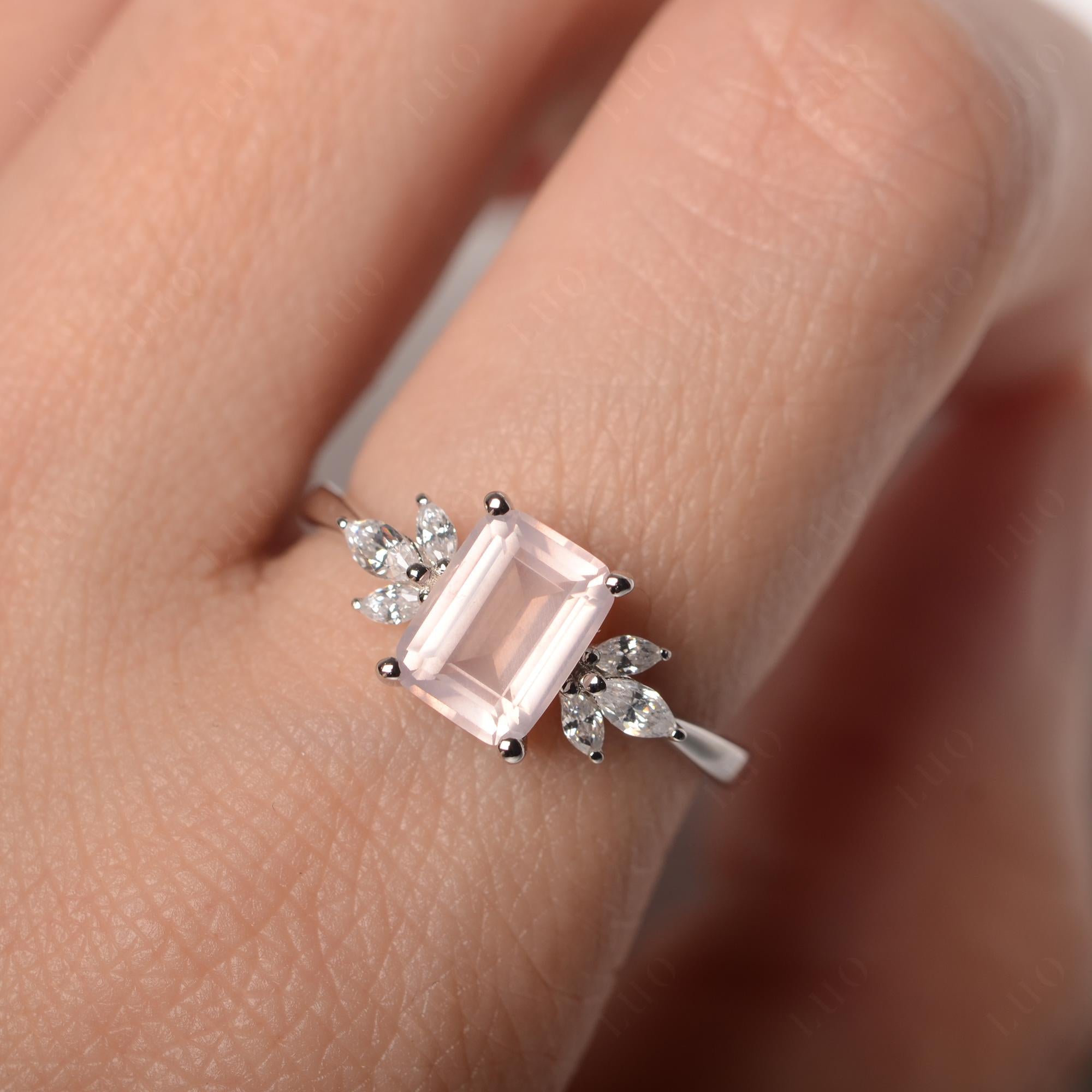 Rose Quartz Ring Emerald Cut Wedding Ring - LUO Jewelry