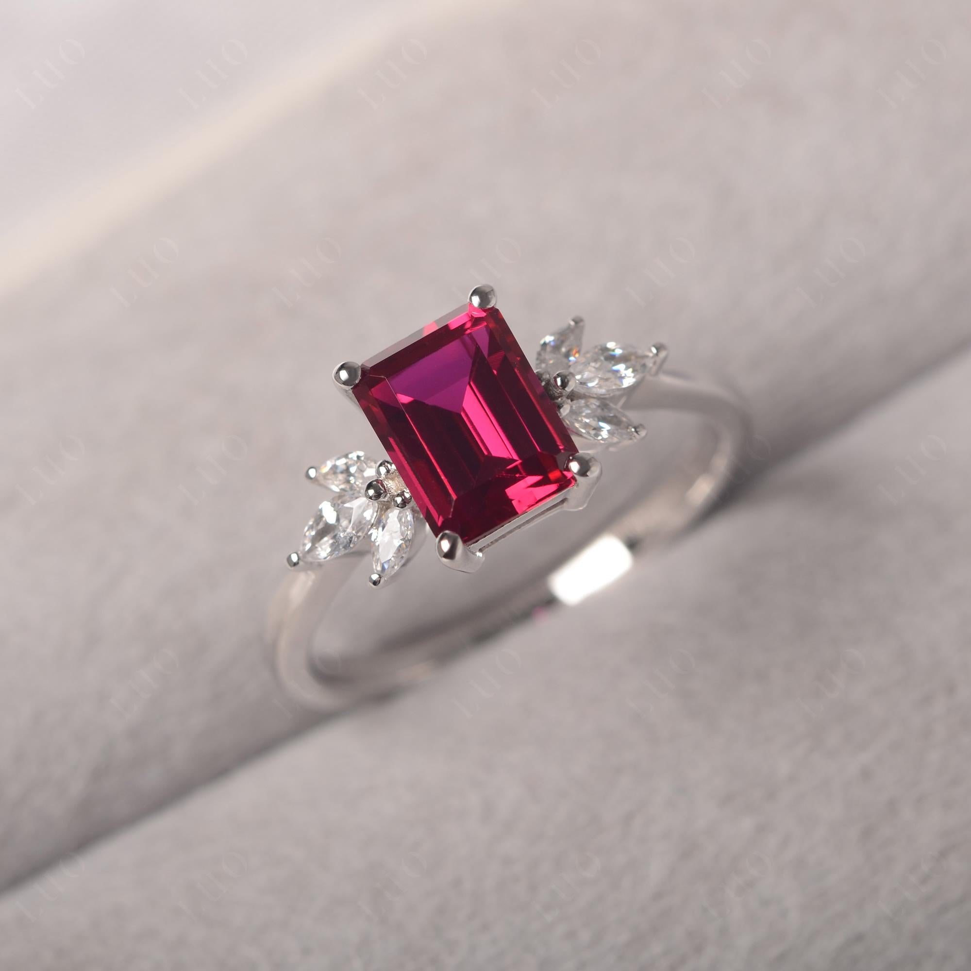Lab Ruby Ring Emerald Cut Wedding Ring - LUO Jewelry