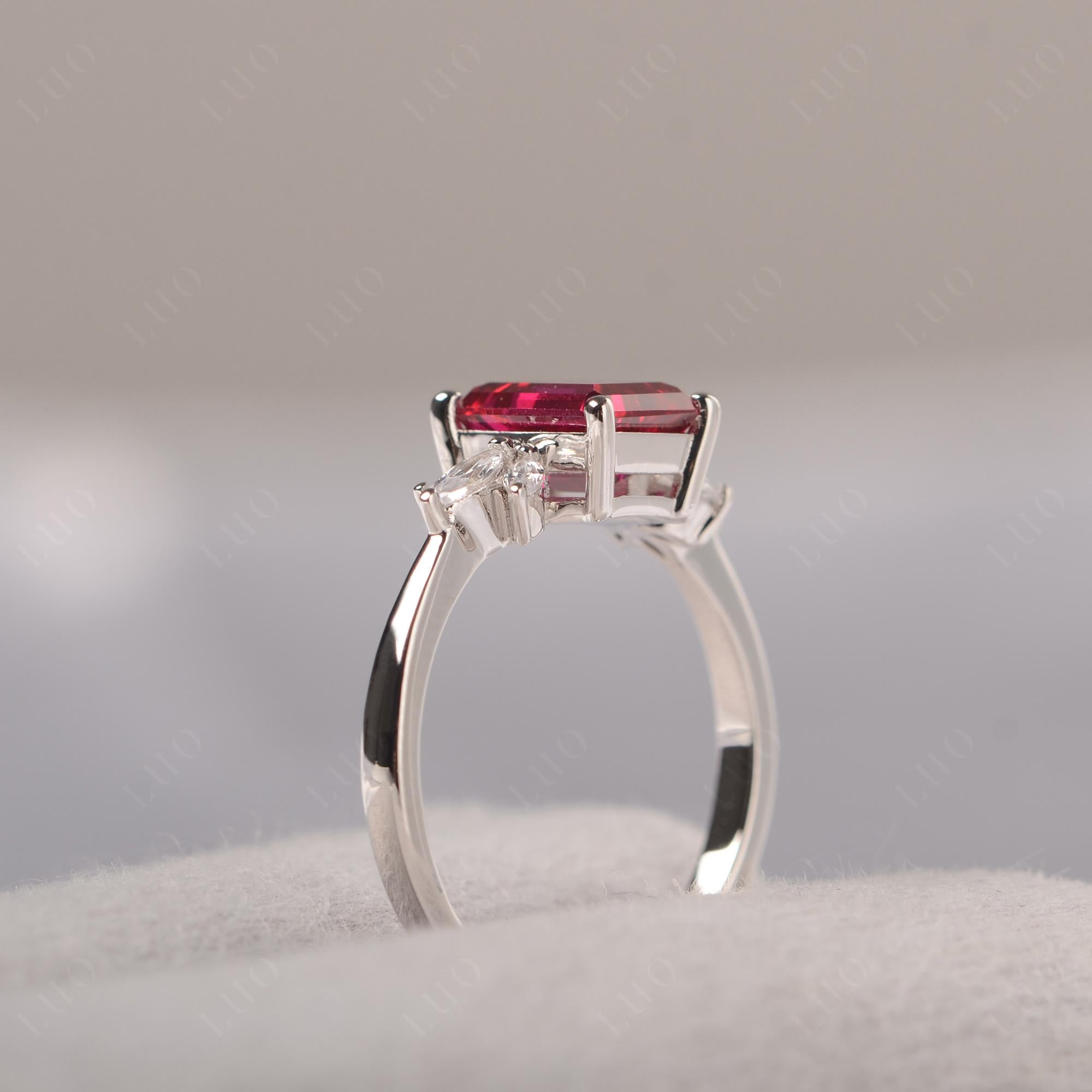 Lab Ruby Ring Emerald Cut Wedding Ring - LUO Jewelry