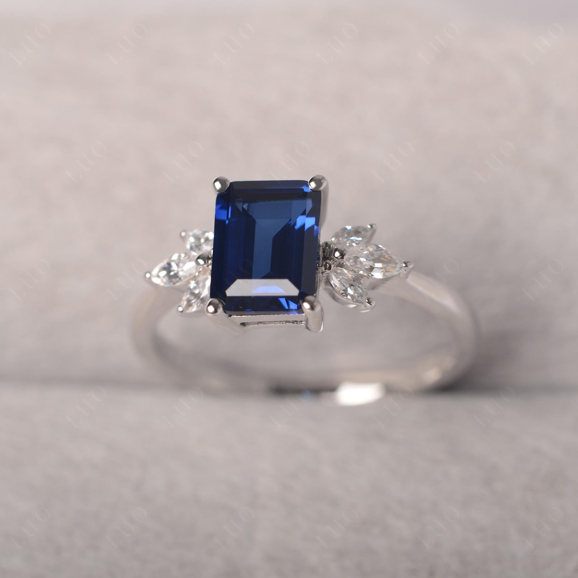 Lab Created Sapphire Ring Emerald Cut Wedding Ring - LUO Jewelry