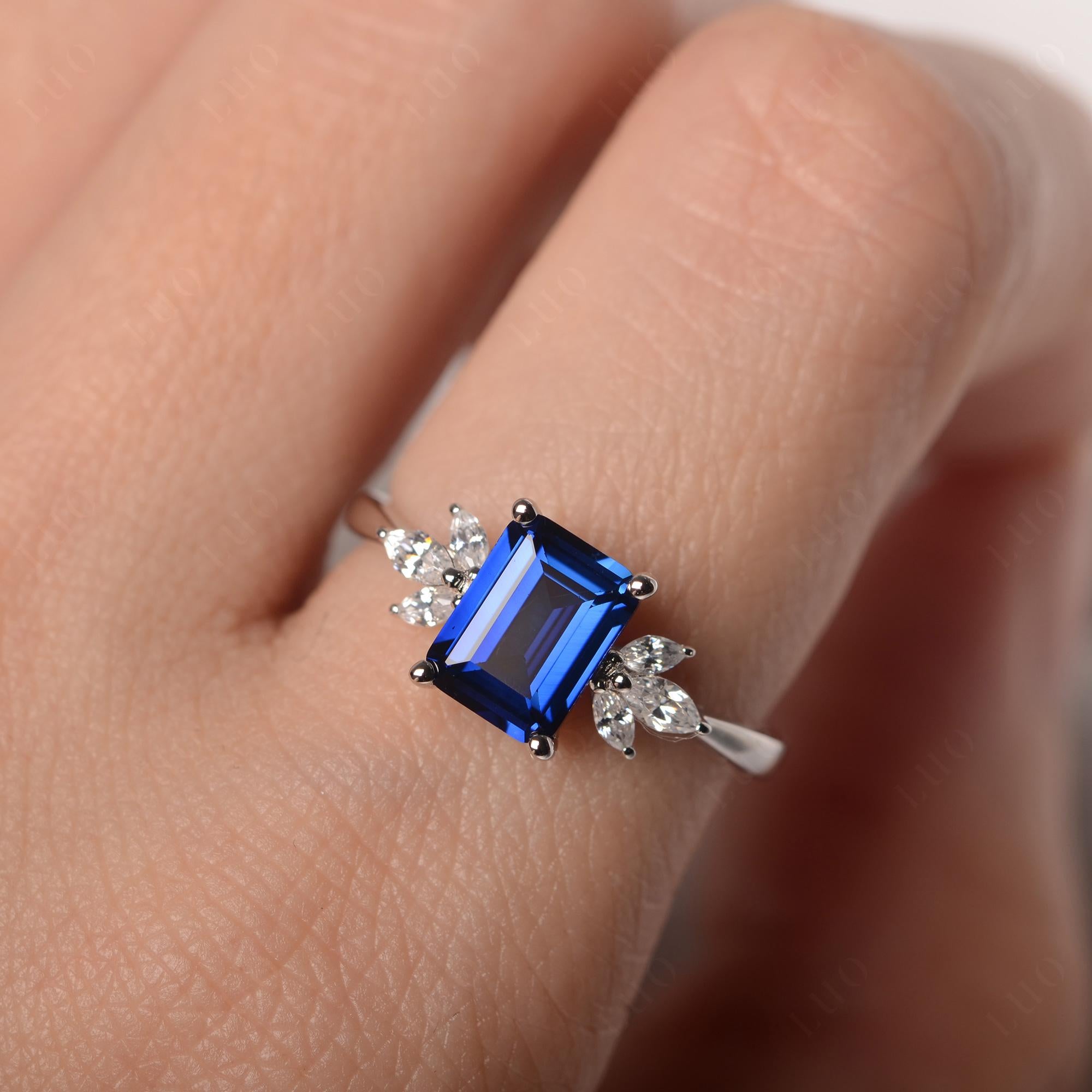 Lab Created Sapphire Ring Emerald Cut Wedding Ring - LUO Jewelry