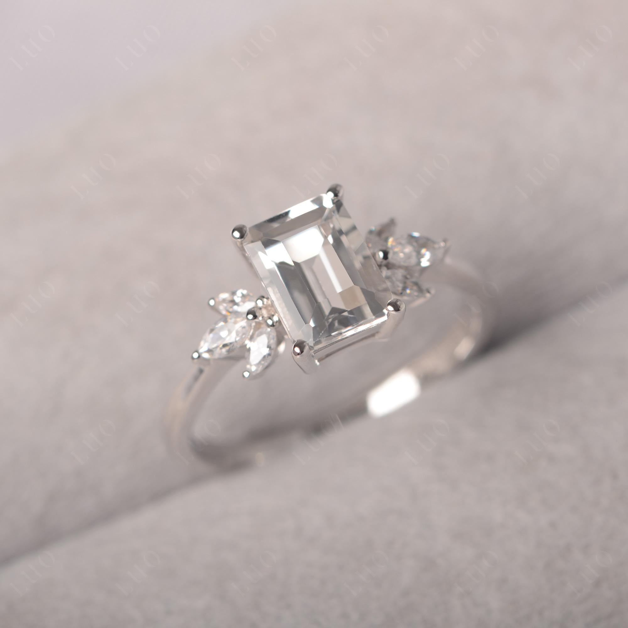 White Topaz Ring Emerald Cut Wedding Ring - LUO Jewelry