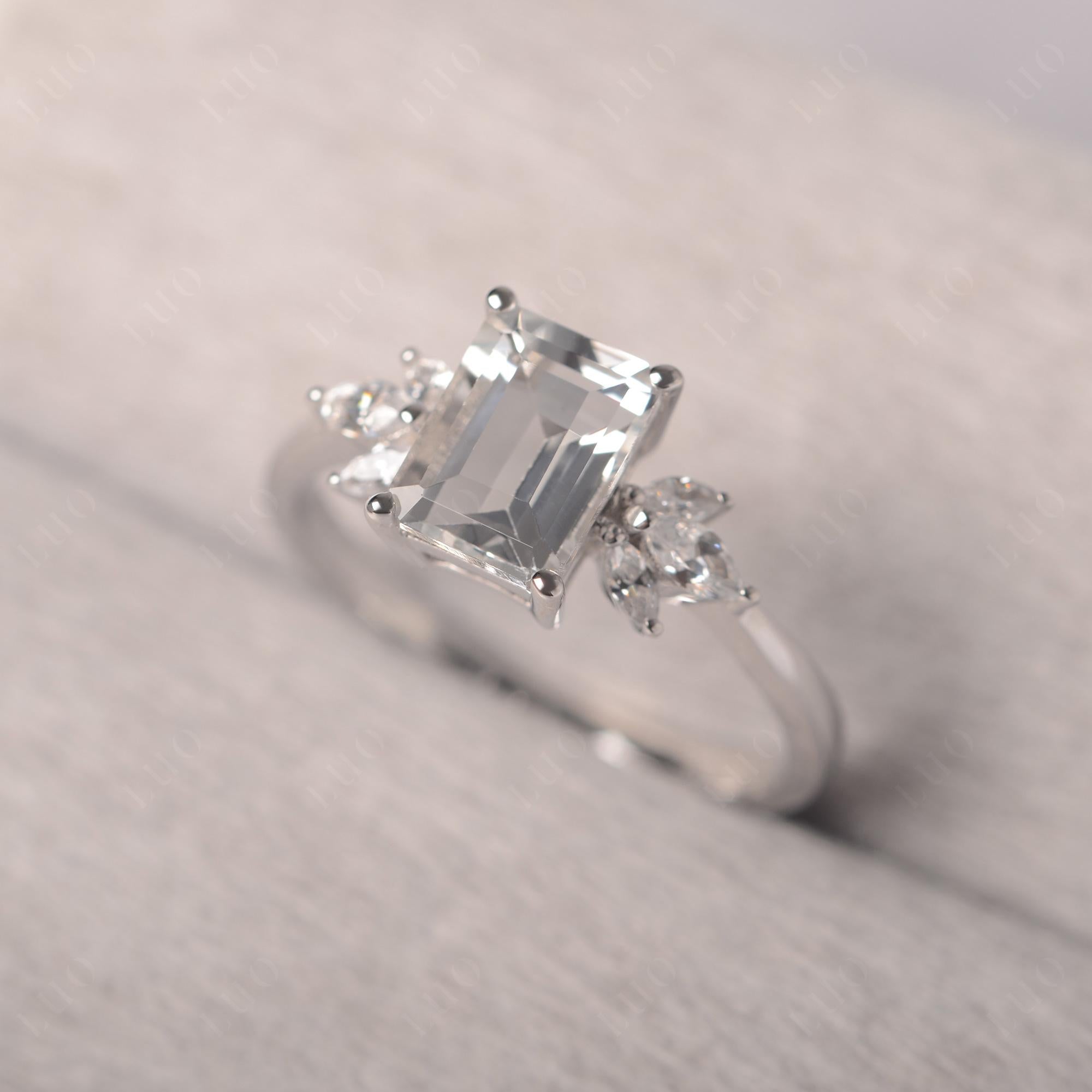 White Topaz Ring Emerald Cut Wedding Ring - LUO Jewelry