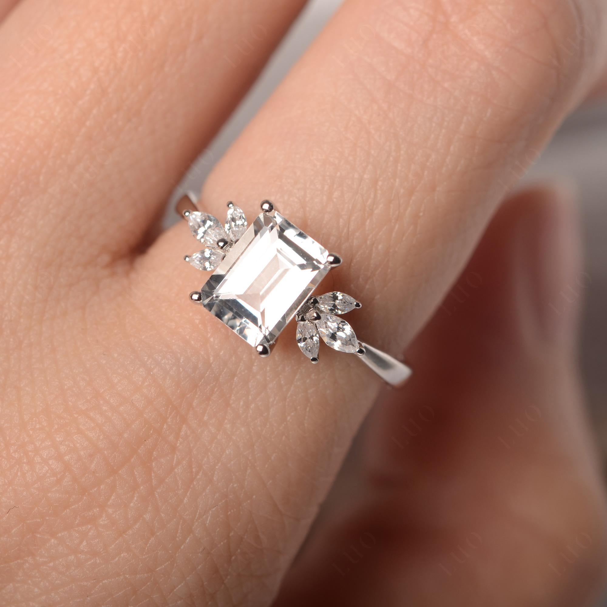 White Topaz Ring Emerald Cut Wedding Ring - LUO Jewelry
