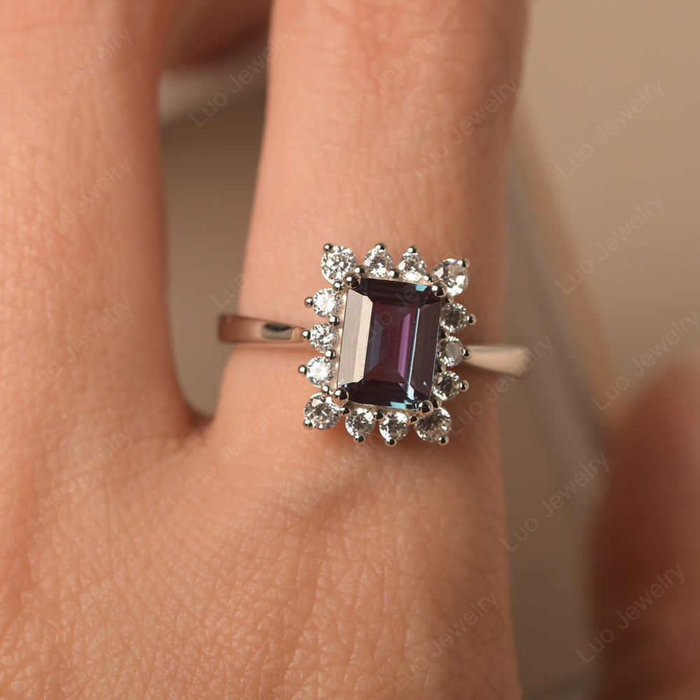 Alexandrite Emerald Cut Halo Engagement Rings - LUO Jewelry