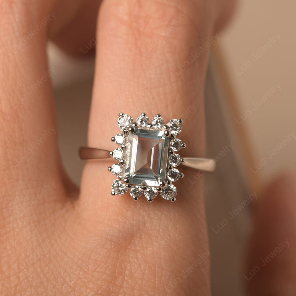 Aquamarine Emerald Cut Halo Engagement Rings - LUO Jewelry