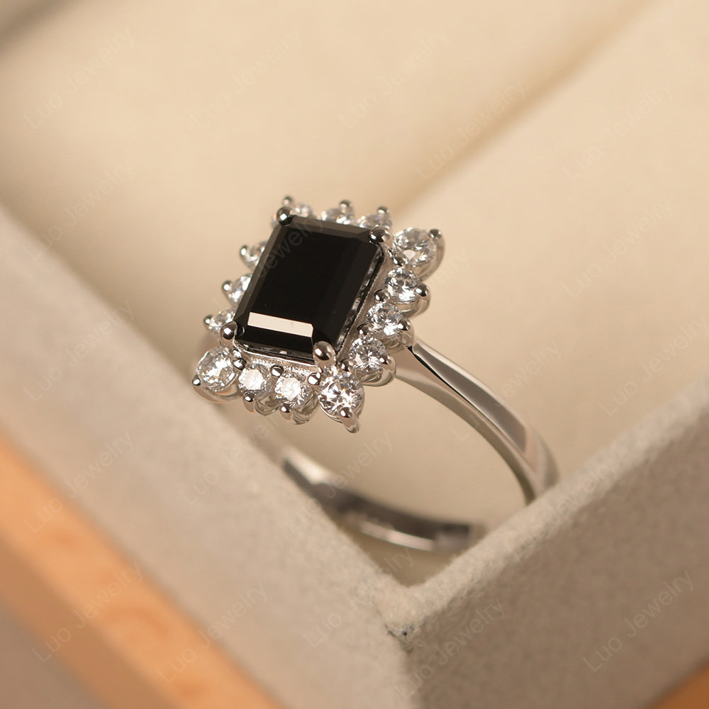 Black Spinel Emerald Cut Halo Engagement Rings - LUO Jewelry