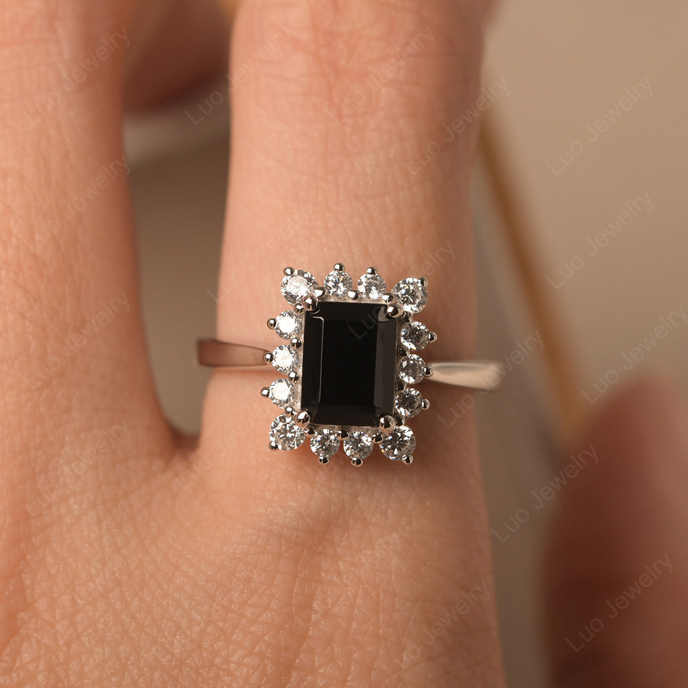 Black Spinel Emerald Cut Halo Engagement Rings - LUO Jewelry