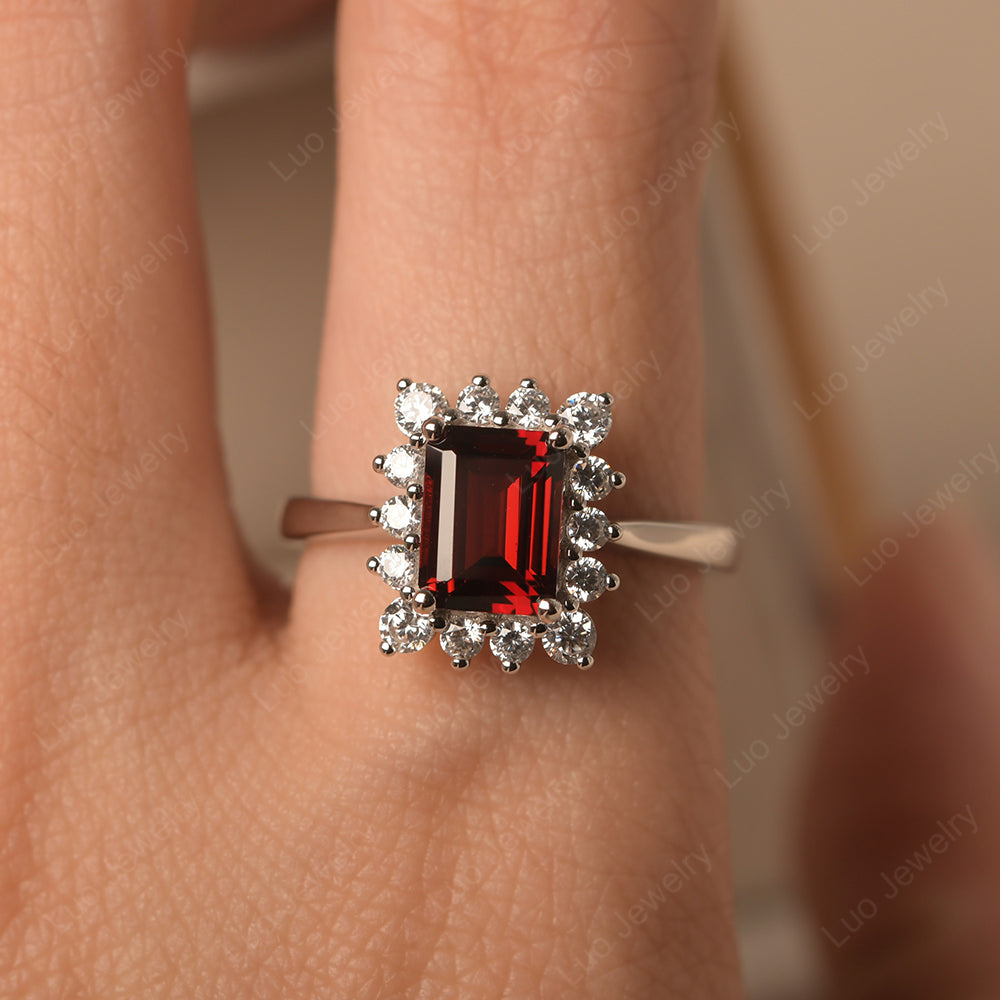 Garnet Emerald Cut Halo Engagement Rings - LUO Jewelry