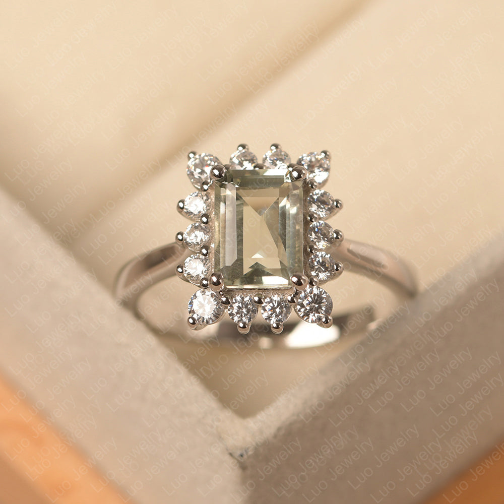 Green Amethyst Emerald Cut Halo Engagement Rings - LUO Jewelry