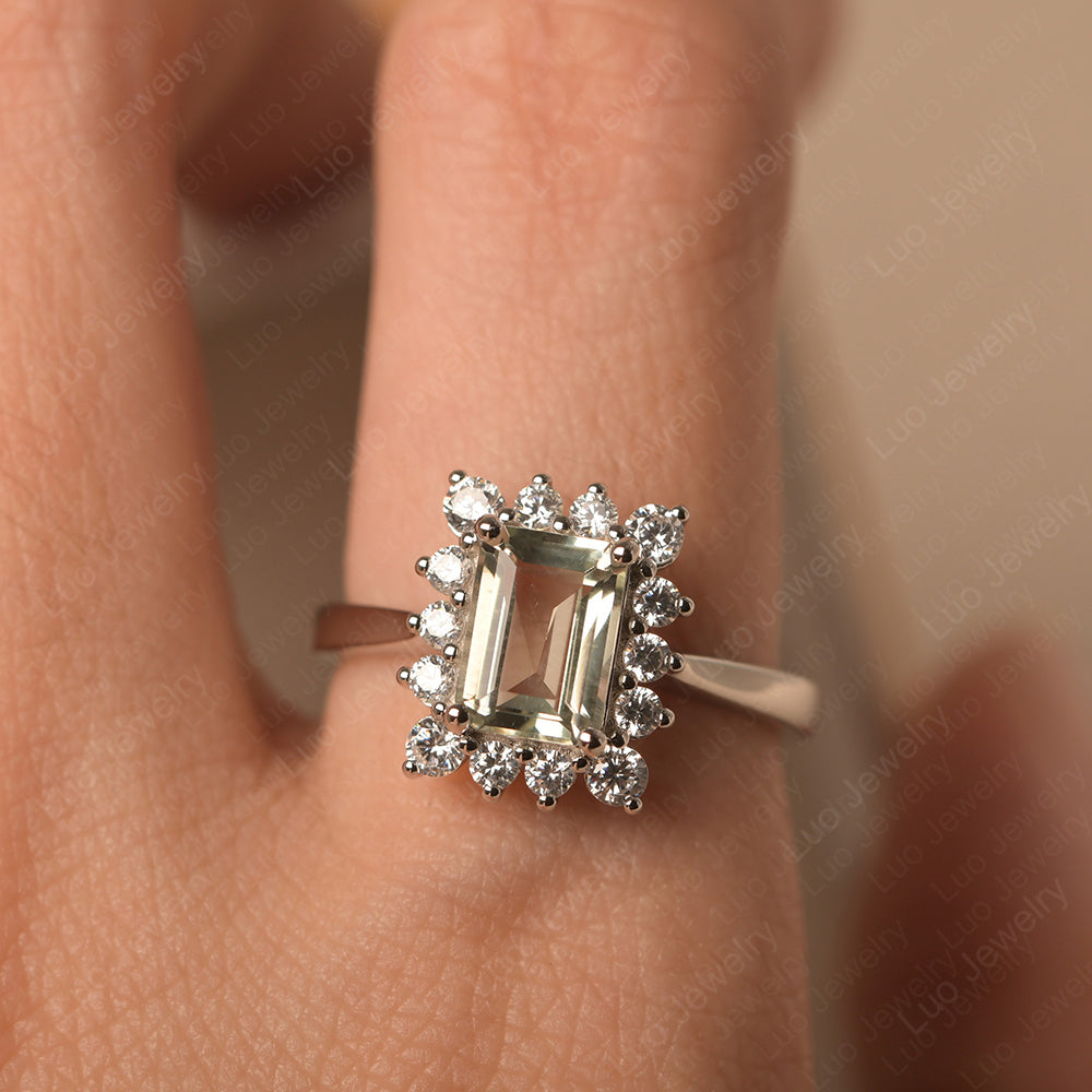 Green Amethyst Emerald Cut Halo Engagement Rings - LUO Jewelry