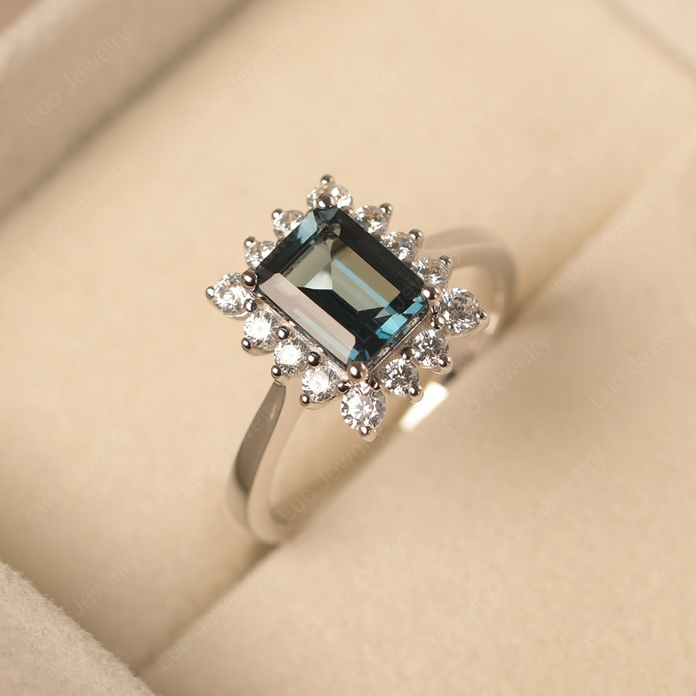 London Blue Topaz Emerald Cut Halo Engagement Rings - LUO Jewelry