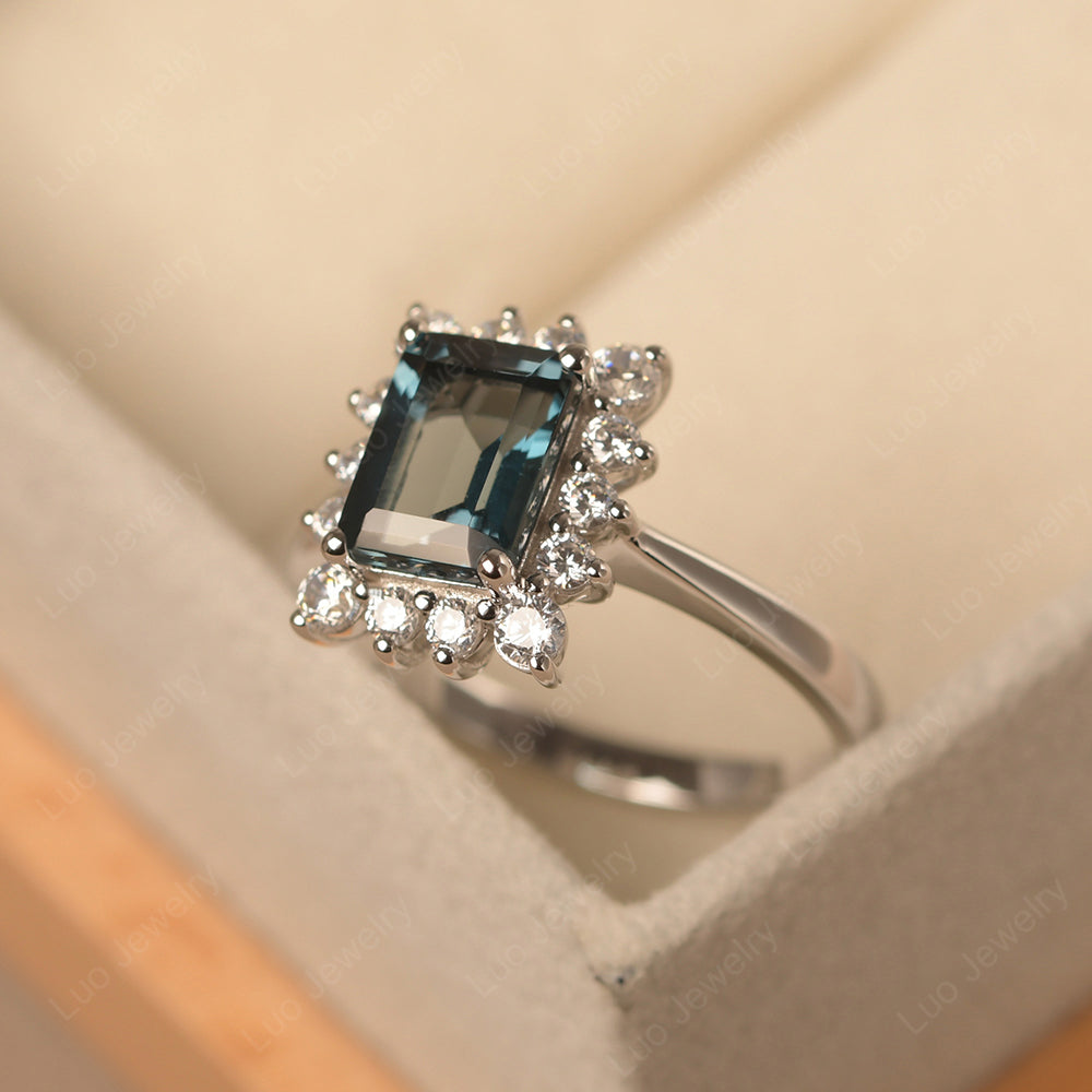 London Blue Topaz Emerald Cut Halo Engagement Rings - LUO Jewelry