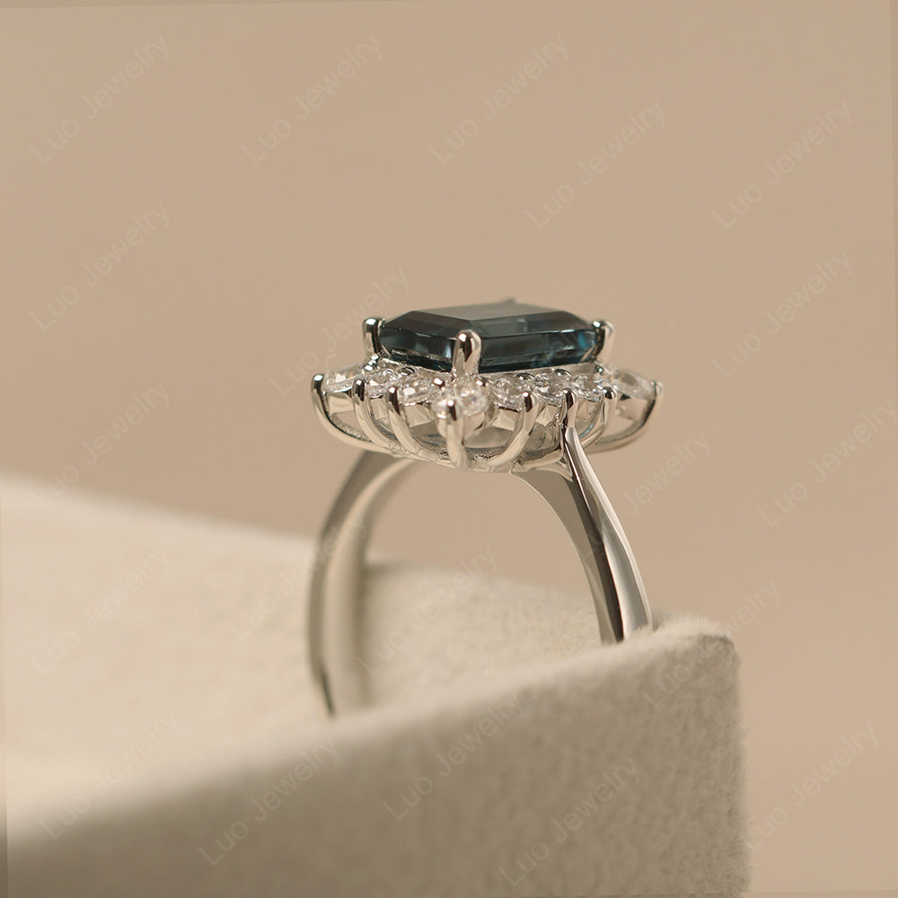 London Blue Topaz Emerald Cut Halo Engagement Rings - LUO Jewelry