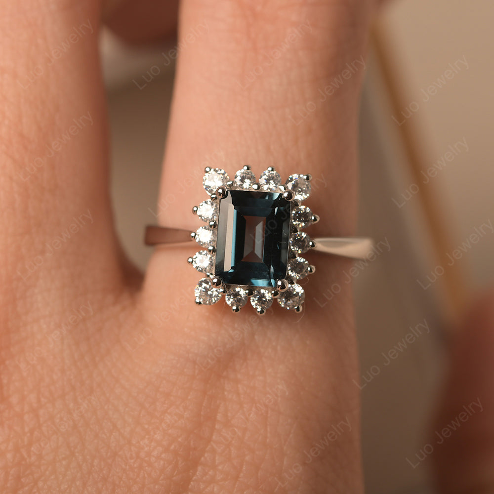 London Blue Topaz Emerald Cut Halo Engagement Rings - LUO Jewelry