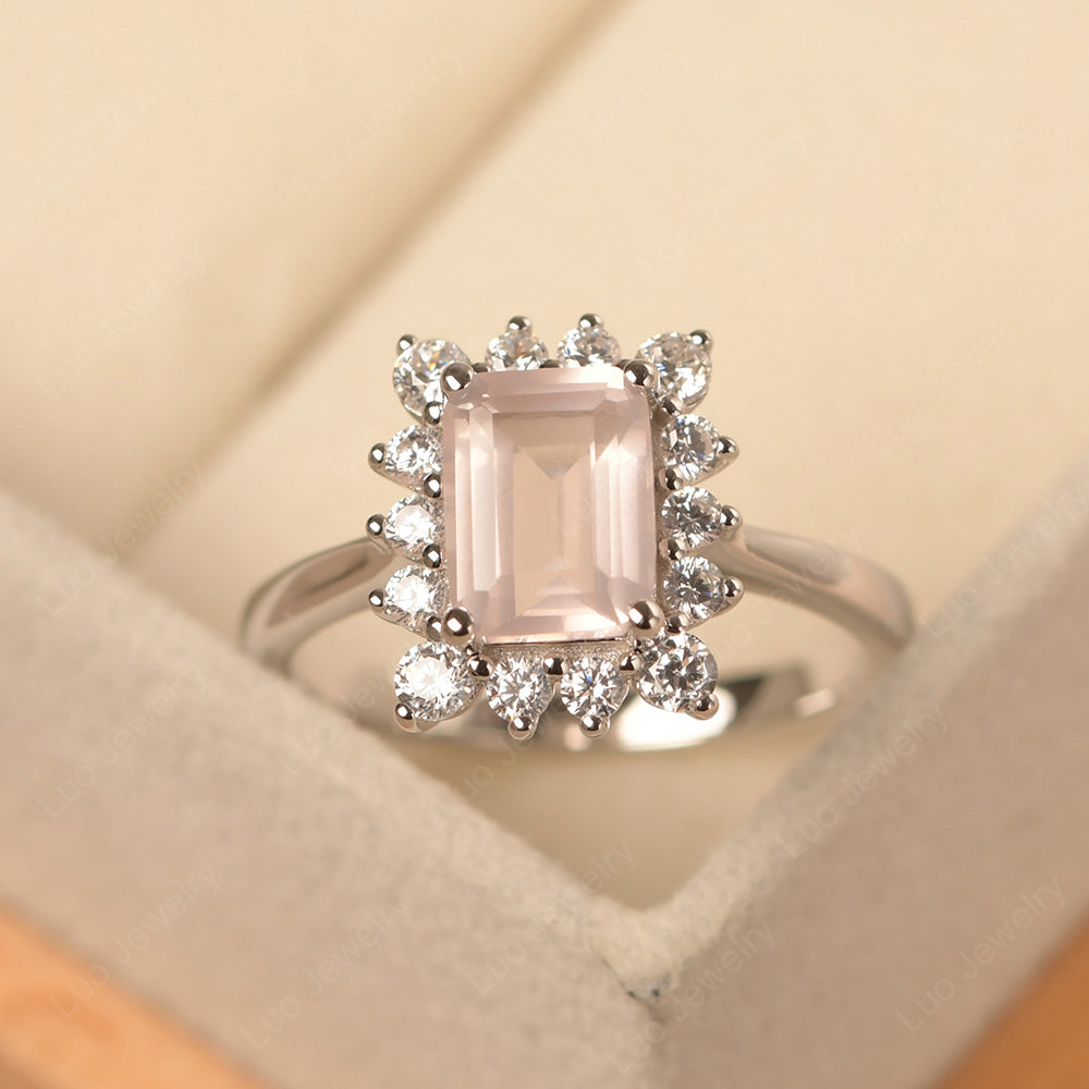 Rose Quartz Emerald Cut Halo Engagement Rings - LUO Jewelry