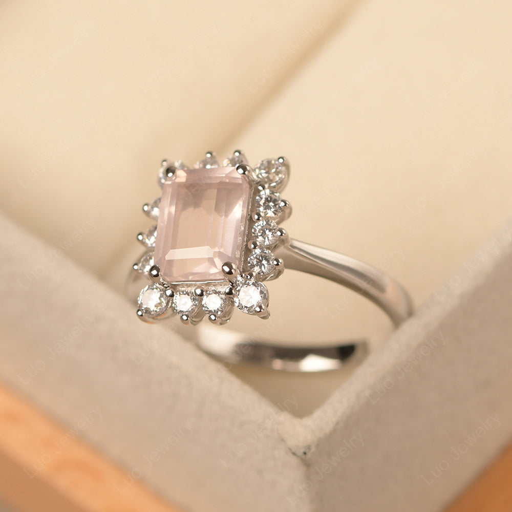 Rose Quartz Emerald Cut Halo Engagement Rings - LUO Jewelry