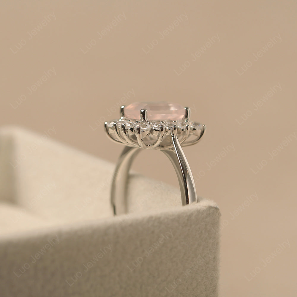 Rose Quartz Emerald Cut Halo Engagement Rings - LUO Jewelry