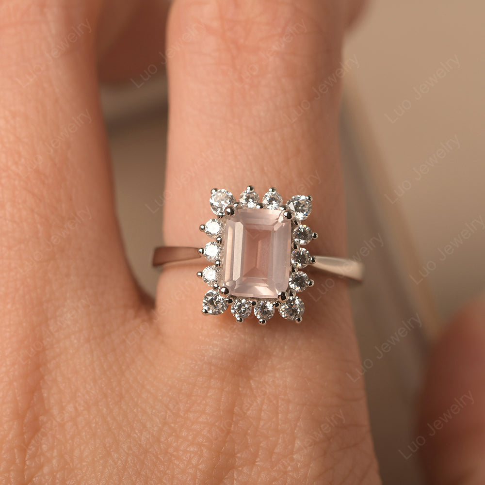 Rose Quartz Emerald Cut Halo Engagement Rings - LUO Jewelry