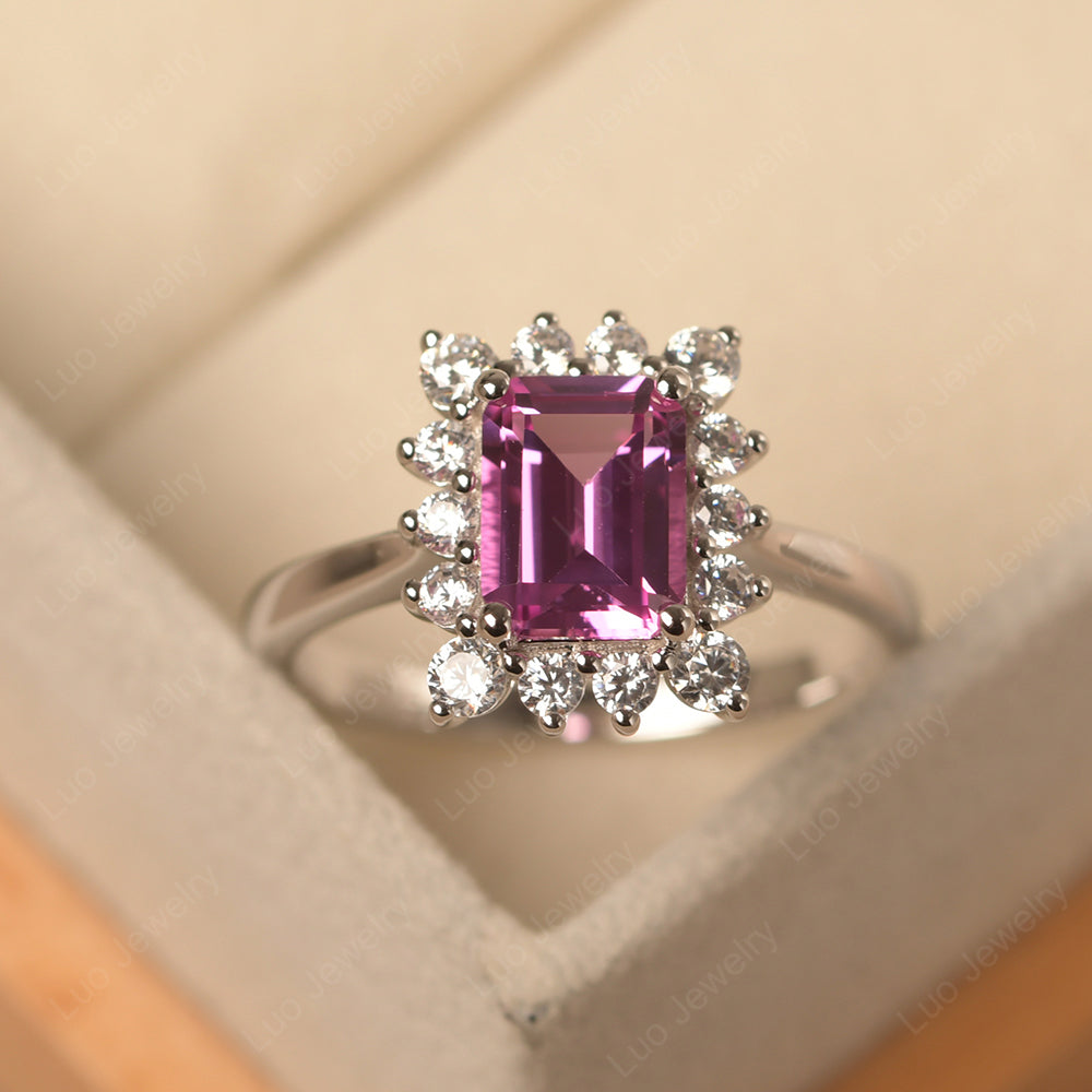 Pink Sapphire Emerald Cut Halo Engagement Rings - LUO Jewelry