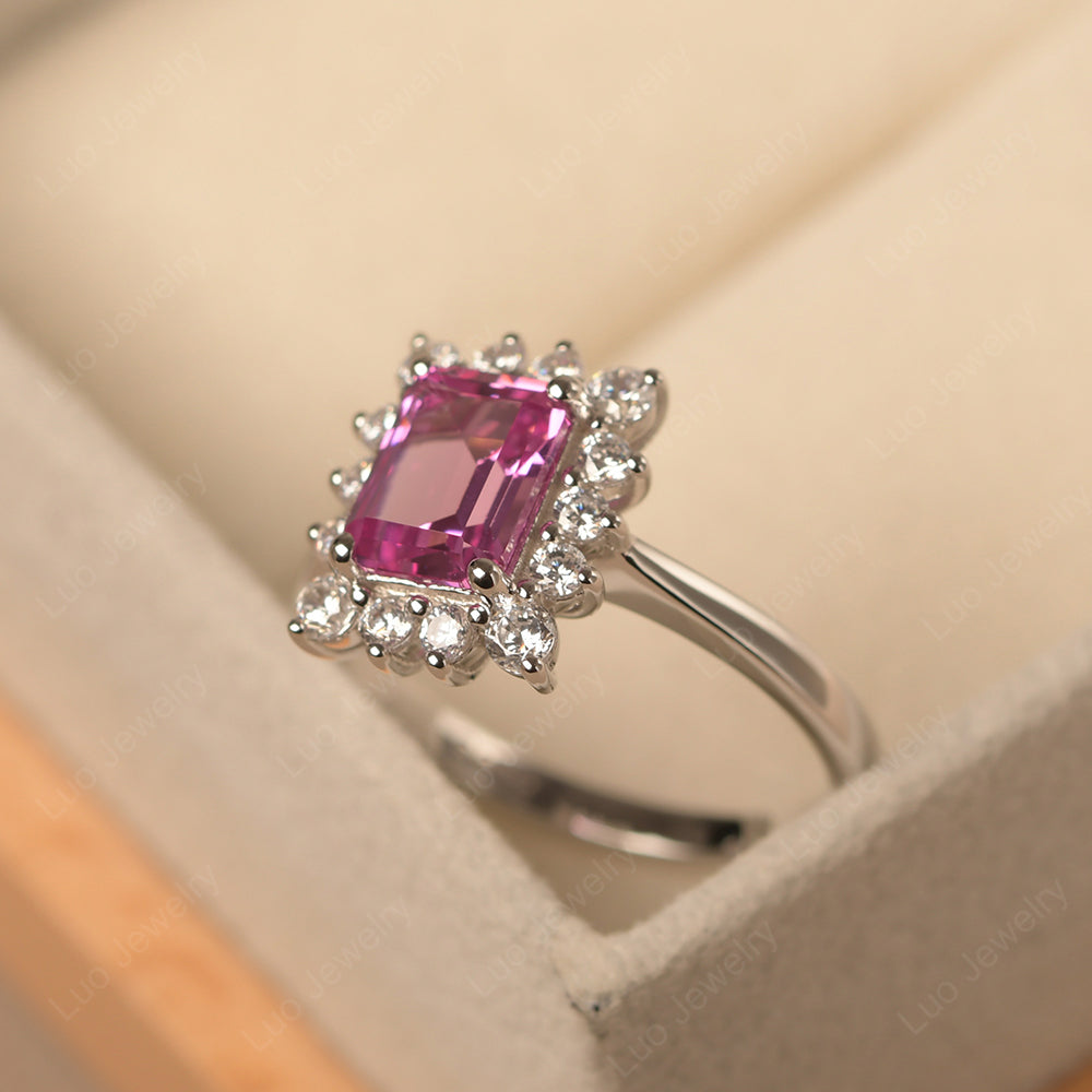 Pink Sapphire Emerald Cut Halo Engagement Rings - LUO Jewelry