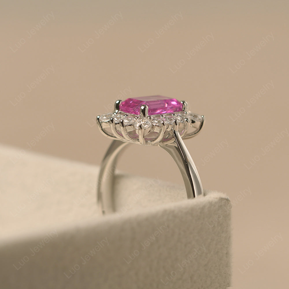 Pink Sapphire Emerald Cut Halo Engagement Rings - LUO Jewelry