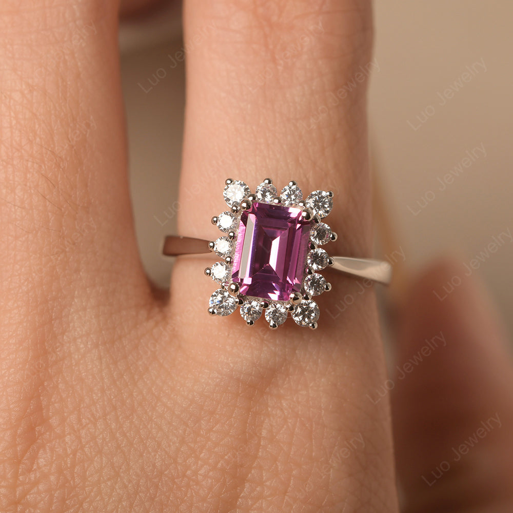 Pink Sapphire Emerald Cut Halo Engagement Rings - LUO Jewelry