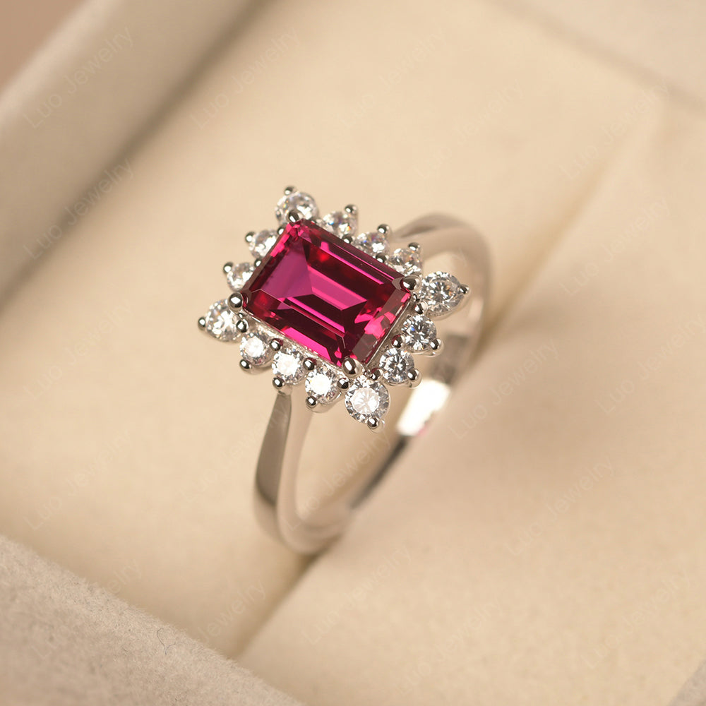 Ruby Emerald Cut Halo Engagement Rings - LUO Jewelry