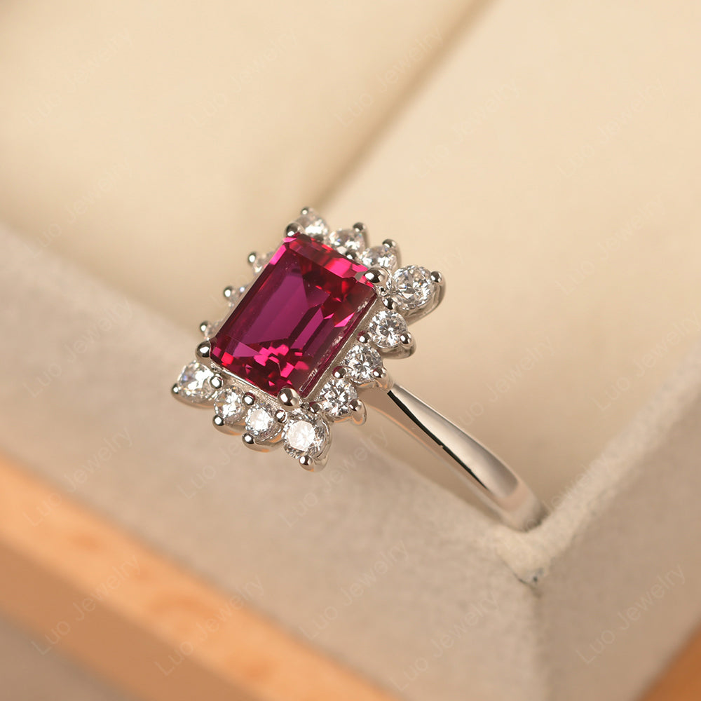 Ruby Emerald Cut Halo Engagement Rings - LUO Jewelry