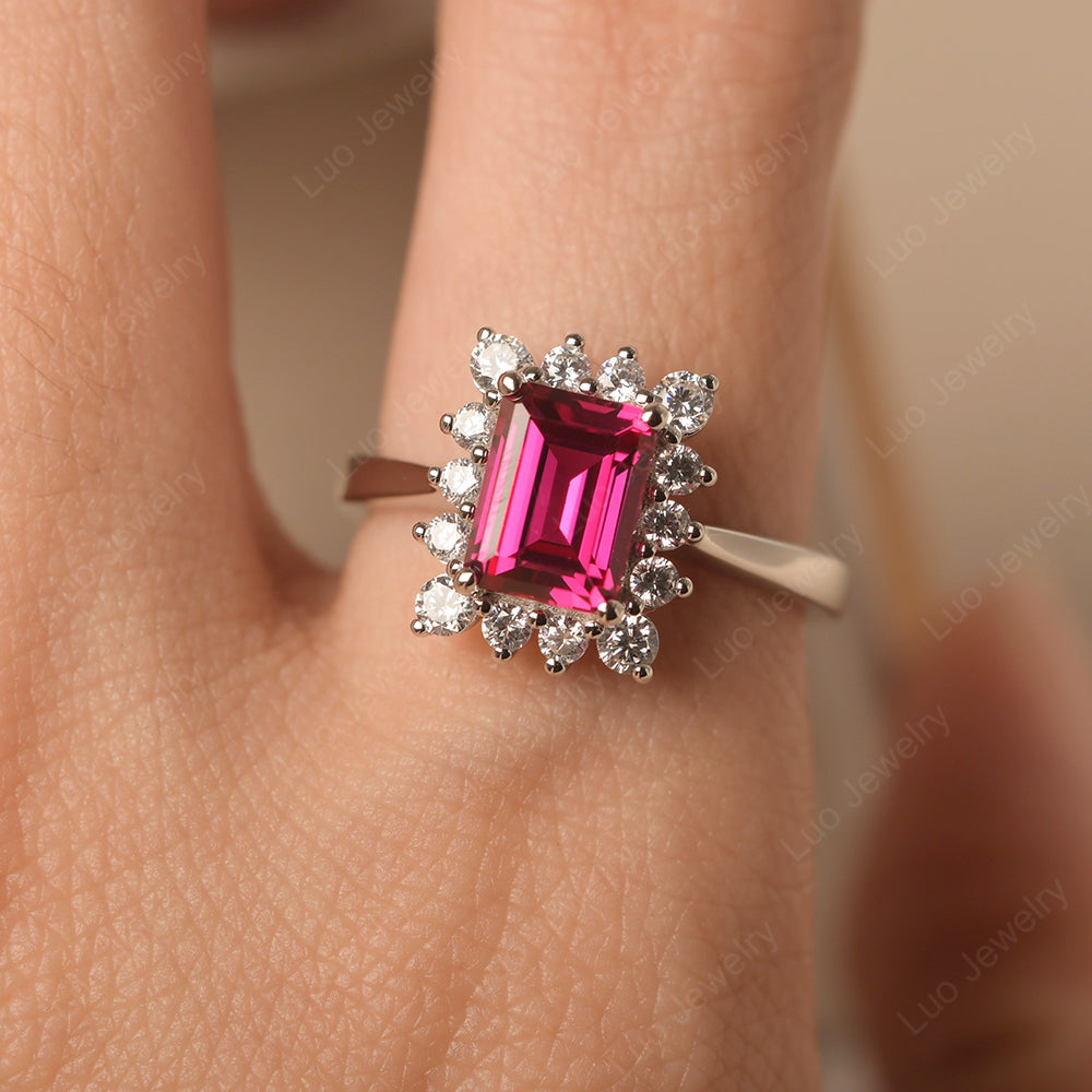 Ruby Emerald Cut Halo Engagement Rings - LUO Jewelry