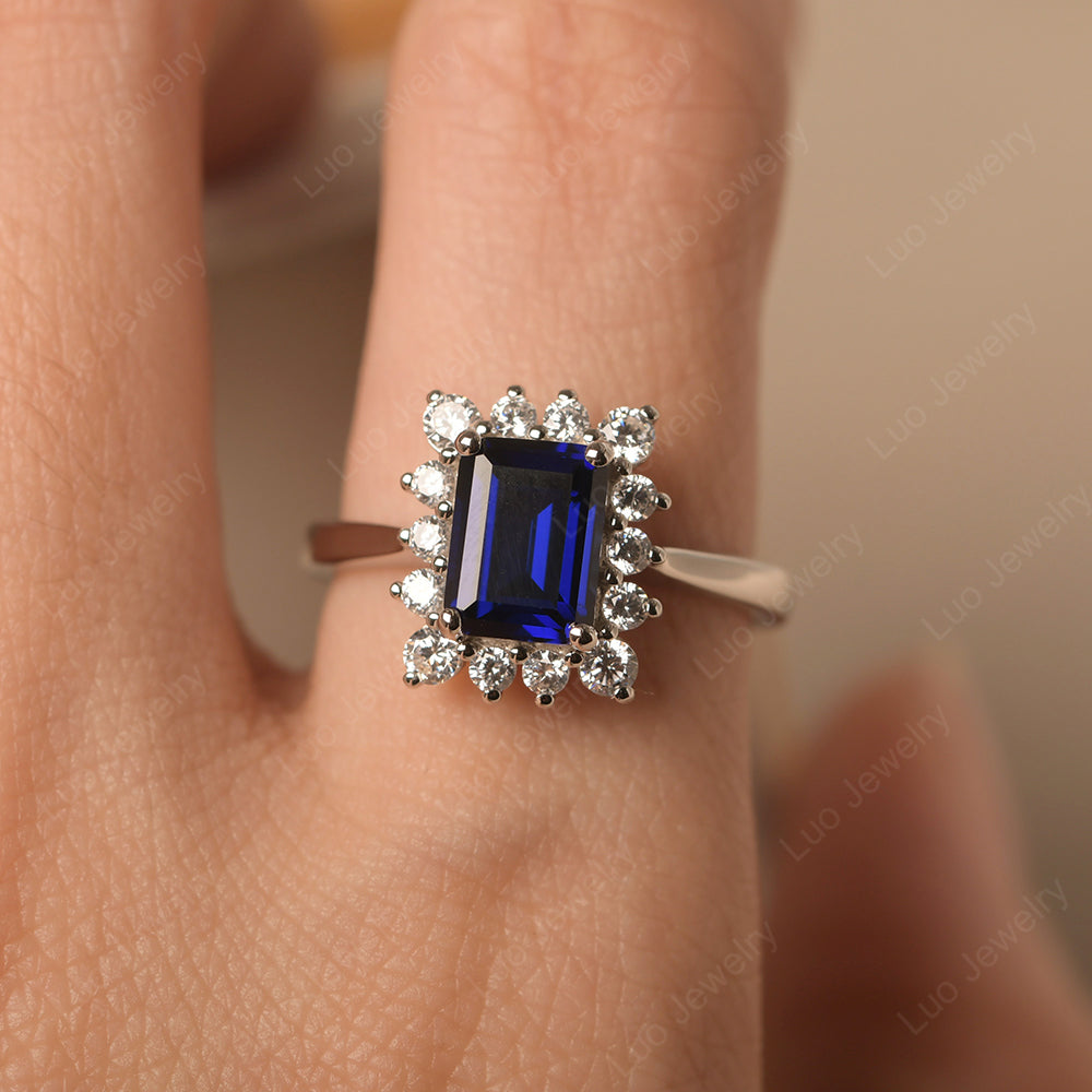 Sapphire Emerald Cut Halo Engagement Rings - LUO Jewelry