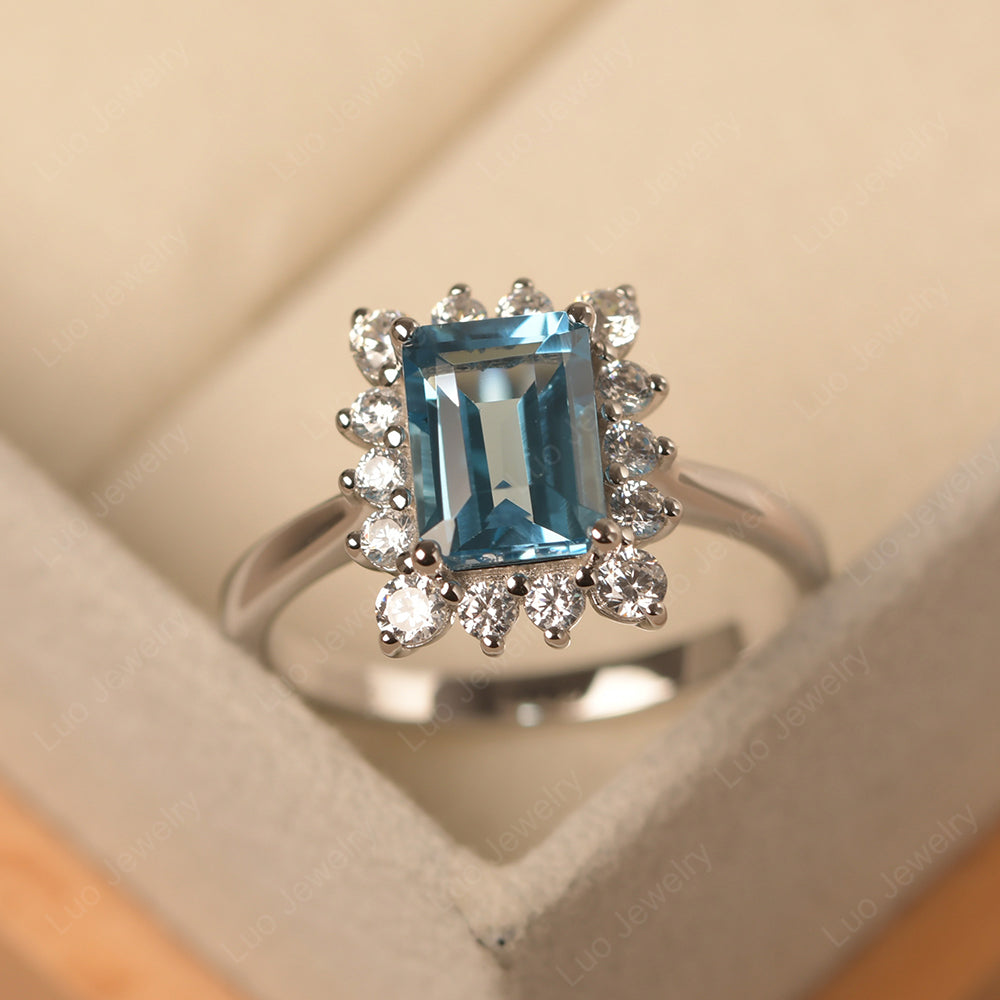 Swiss Blue Topaz Emerald Cut Halo Engagement Rings - LUO Jewelry