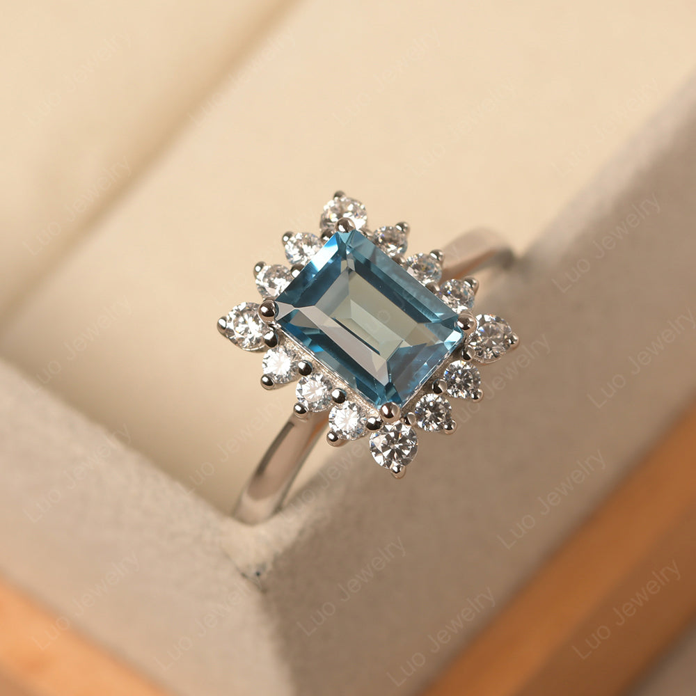 Swiss Blue Topaz Emerald Cut Halo Engagement Rings - LUO Jewelry