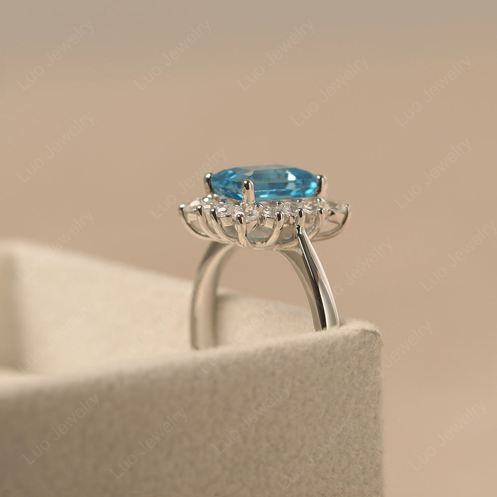 Swiss Blue Topaz Emerald Cut Halo Engagement Rings - LUO Jewelry