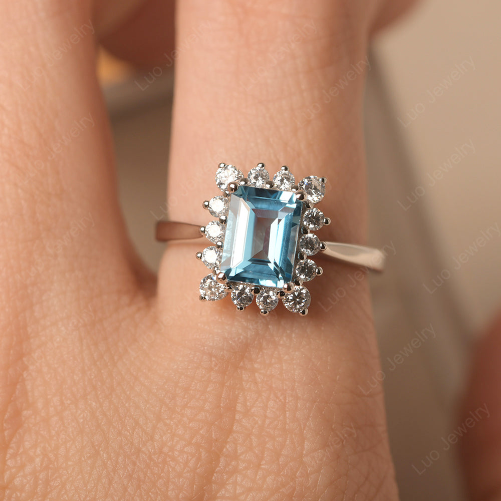 Swiss Blue Topaz Emerald Cut Halo Engagement Rings - LUO Jewelry