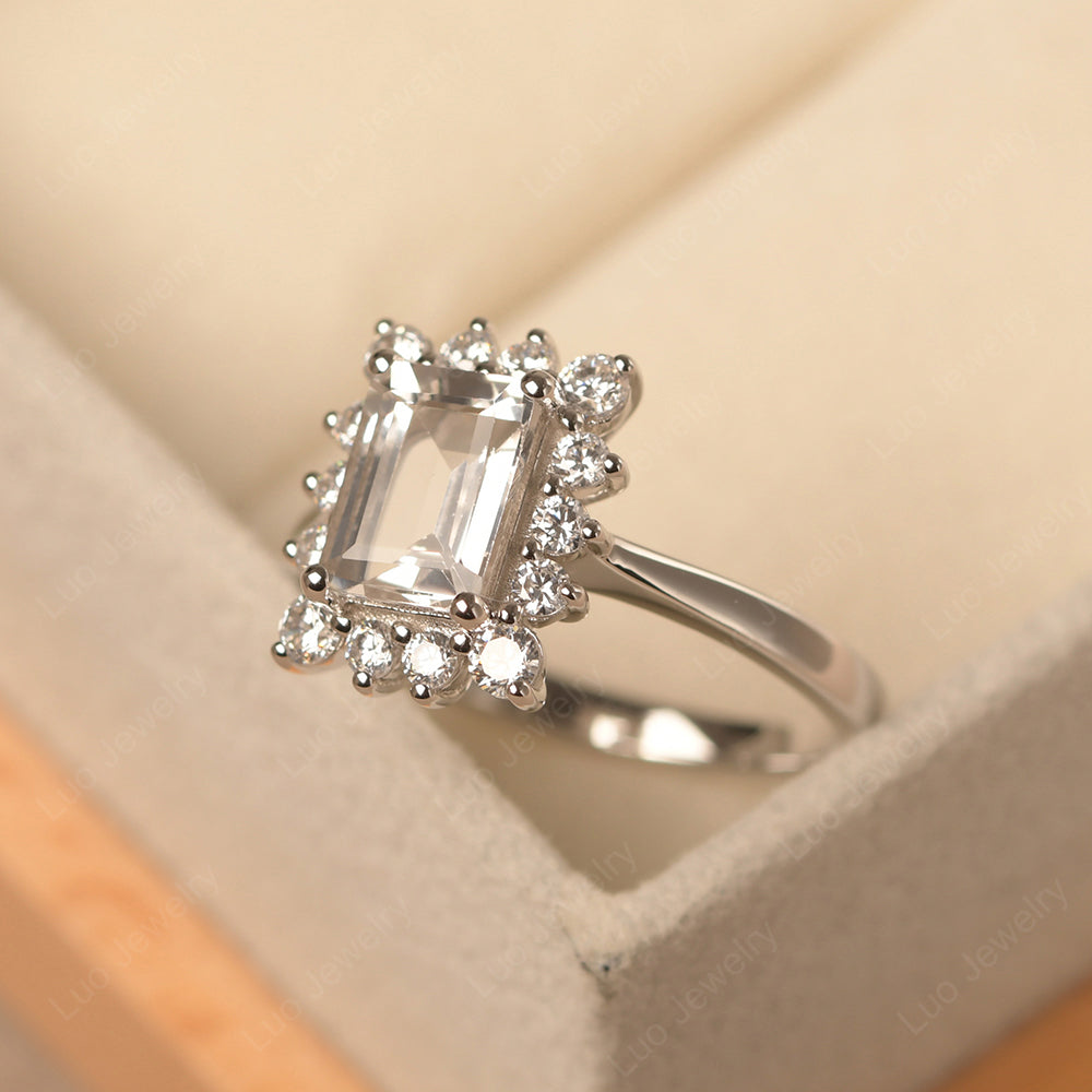 White Topaz Emerald Cut Halo Engagement Rings - LUO Jewelry