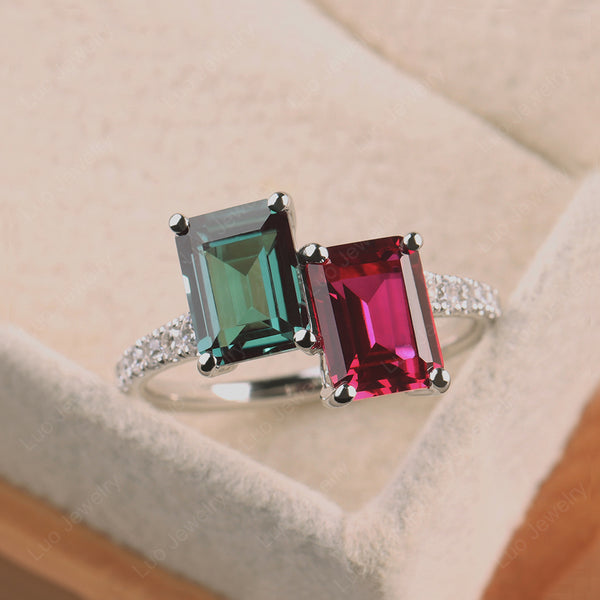 Emerald Cut Alexandrite and Ruby Toi Et Moi Ring | LUO