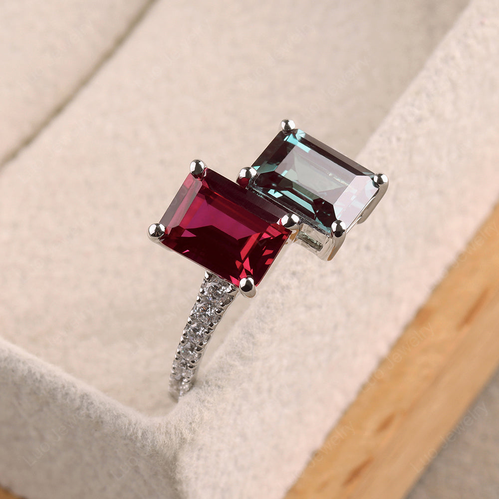 Emerald Cut Alexandrite And Ruby Toi Et Moi Rings - LUO Jewelry